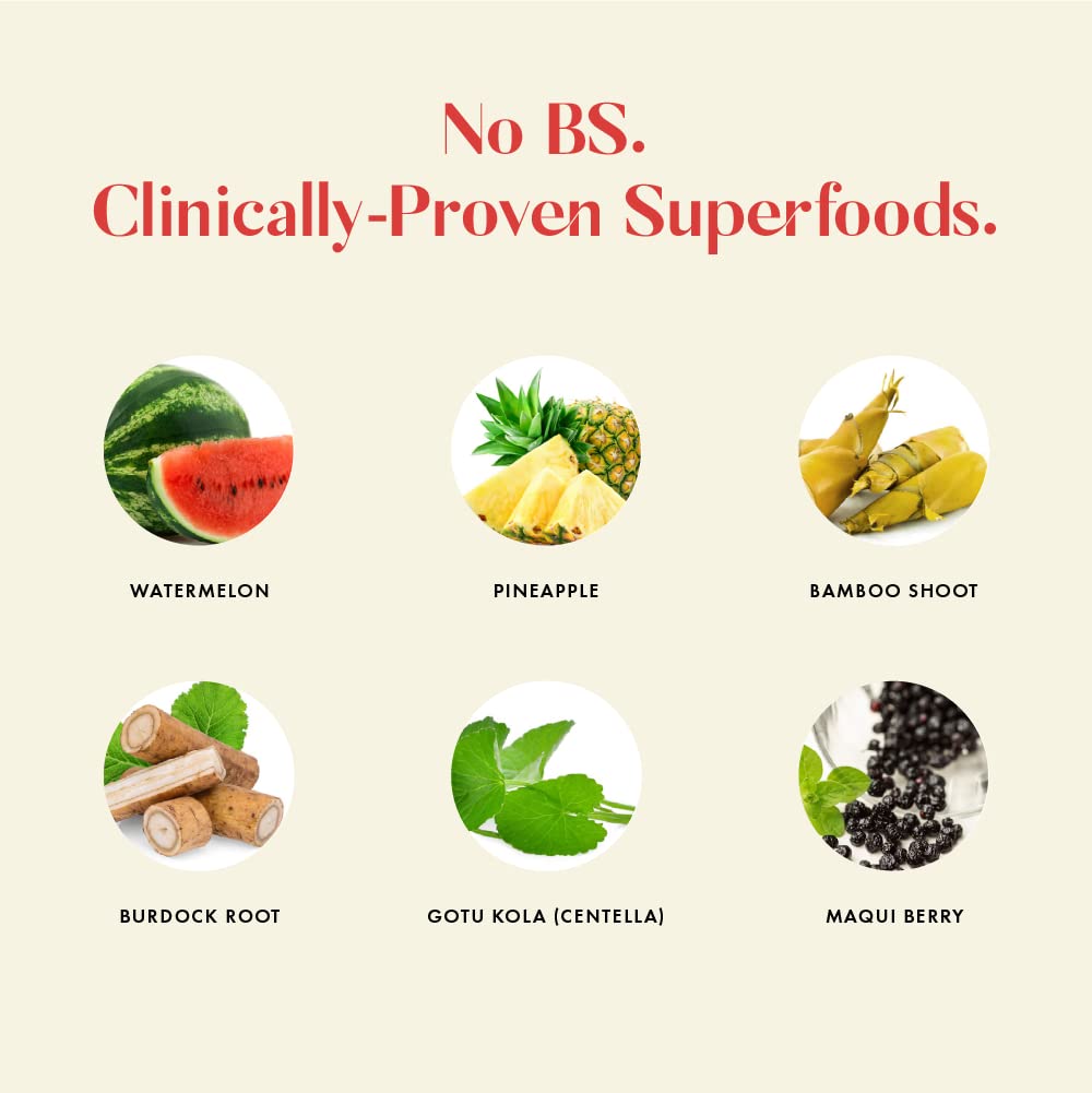 List of clinically-proven superfoods with images and names on a beige background.