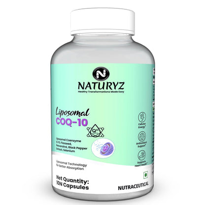 NATURYZ Liposomal CoQ10 200mg with Flaxseed, Resveratrol & Selenium | Advanced Cellular Energy & Antioxidant Formula | Black Pepper for Enhanced Nutrient Absorption | Supports Heart Health, Energy & Healthy Ageing 30 Veg Capsules