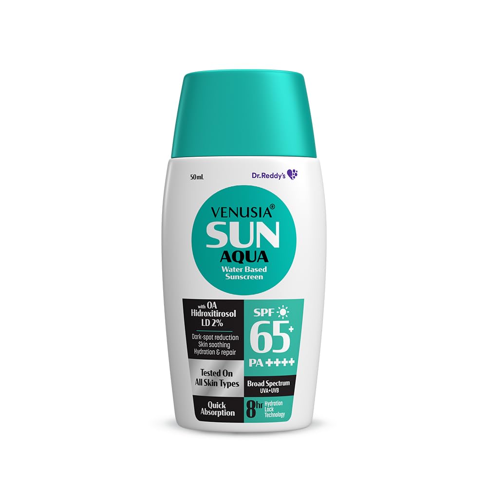 VENUSIA Dr. Reddy's Water Based Sunscreen SPF 65|Broad Spectrum Protection|Powered by Antioxidants|Ultra-Light, Non-Sticky|12-hr Hydration Lock|Anti-Pigmentation|For Oily, Acne-Prone Skin|50g