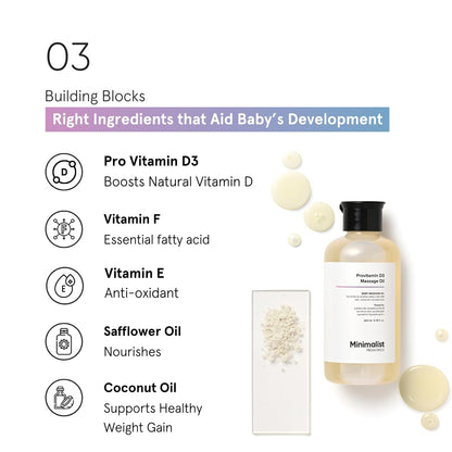 Minimalist Baby Massage Oil with Provitamin D3 | Fragance Free, Mineral Oil Free & Pediatrician Approved Baby Oil For Sensitive Skin | A Blend Of Coconut, Sunflower, Almond & Safflower Oil | 200ml