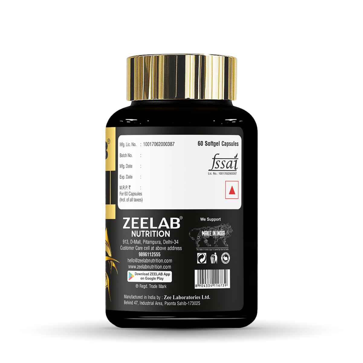 Black supplement bottle with gold cap on a white background