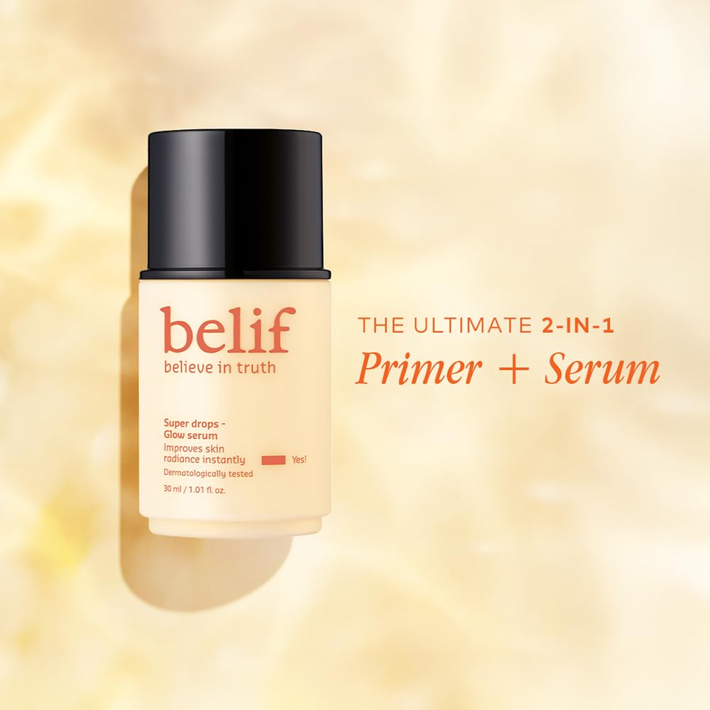 belif 2-in-1 Primer + Serum bottle on a beige background