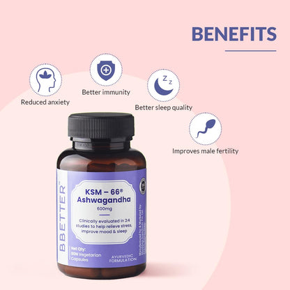 BBETTER Ashwagandha KSM 66 Capsules 600mg | Lab Tested | Lab Report Attached | Ashvagandha Tablet For Stress, Sleep Management & Anxiety Relief | Rejuvenates Mind & Body | 60 Veg aswagandha Capsules