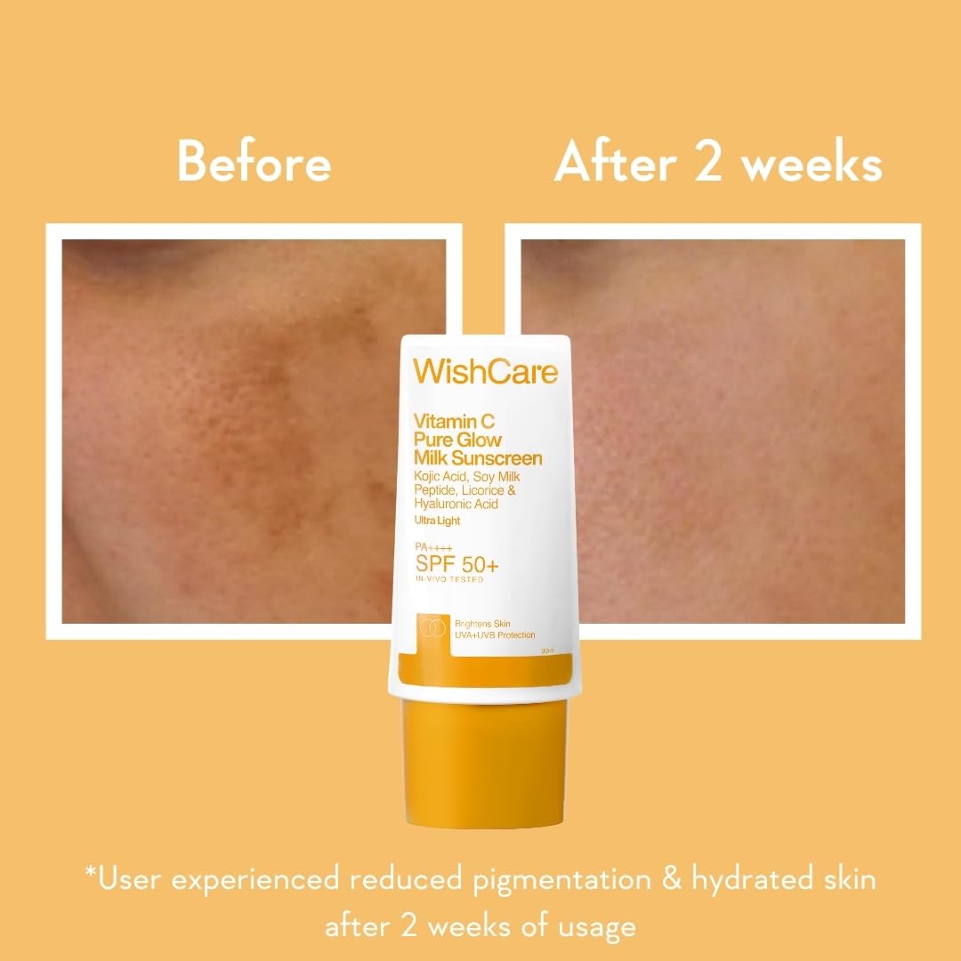 WishCare Vitamin C Pure Glow Milk Sunscreen with SPF 50 PA++++ In-Vivo Tested | Glowing Skin with Broad Spectrum Protection | Ultra Lightweight, Oil Free & No White Cast | For All Skin Types | 30ml