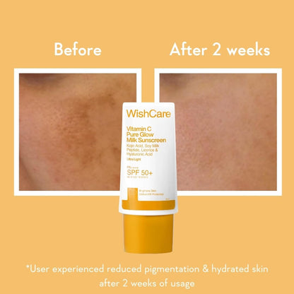 WishCare Vitamin C Pure Glow Milk Sunscreen with SPF 50 PA++++ In-Vivo Tested | Glowing Skin with Broad Spectrum Protection | Ultra Lightweight, Oil Free & No White Cast | For All Skin Types | 30ml