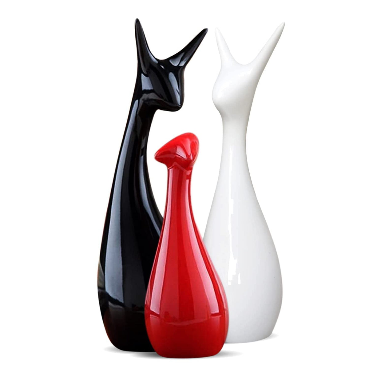 Home Decor Lucky Deer Statue Family Ceramic Figures - (Set of 3, Red,Black & White Color)