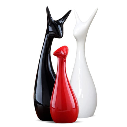 Home Decor Lucky Deer Statue Family Ceramic Figures - (Set of 3, Red,Black & White Color)