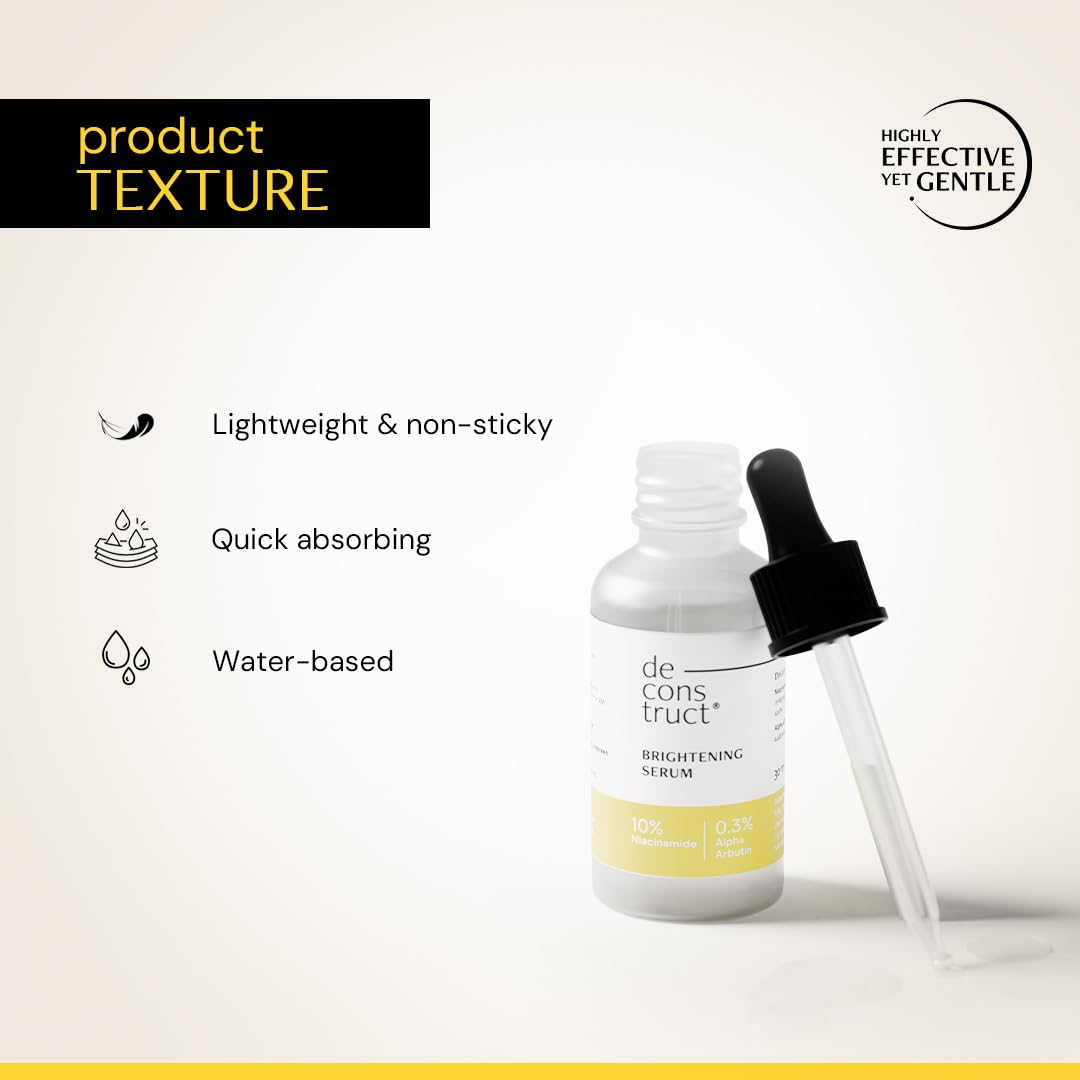 Bottle of de construct brightening serum with dropper on a light background