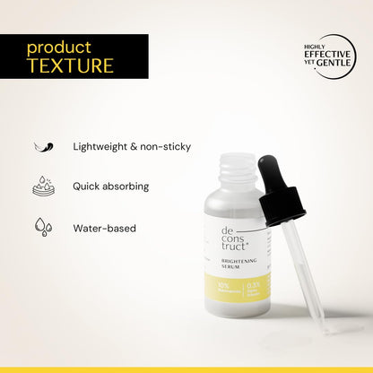Bottle of de construct brightening serum with dropper on a light background