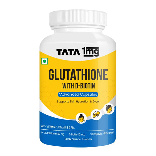 TATA 1MG 1MG Tata Glutathione Advanced Capsule with Vitamin C E Biotin Grape Seed Extract For Skin Glow Hydration Radiance Pack of 30 Tablets