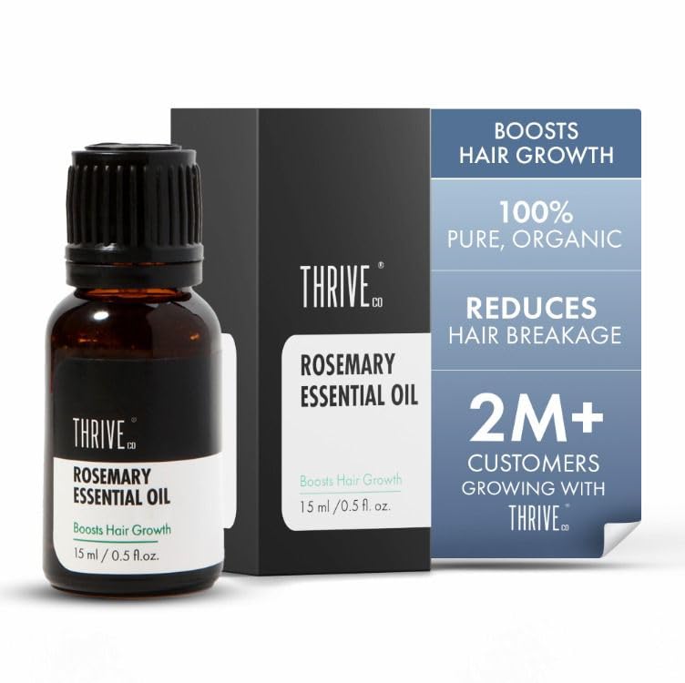 Rosemary essential oil bottle and packaging with THRive branding on a white background