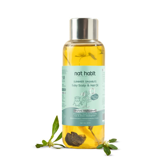 Nat Habit Summer Baby Hair Oil for Kids 0-5 Years | Ayurvedic Hair Oil for Baby with Brahmi, Matsyakshi & Dasabuti | Baby Hair Growth Oil with Desi Ghee & Cold Pressed Oils | Cools Body, Aids Sleep, 110ml