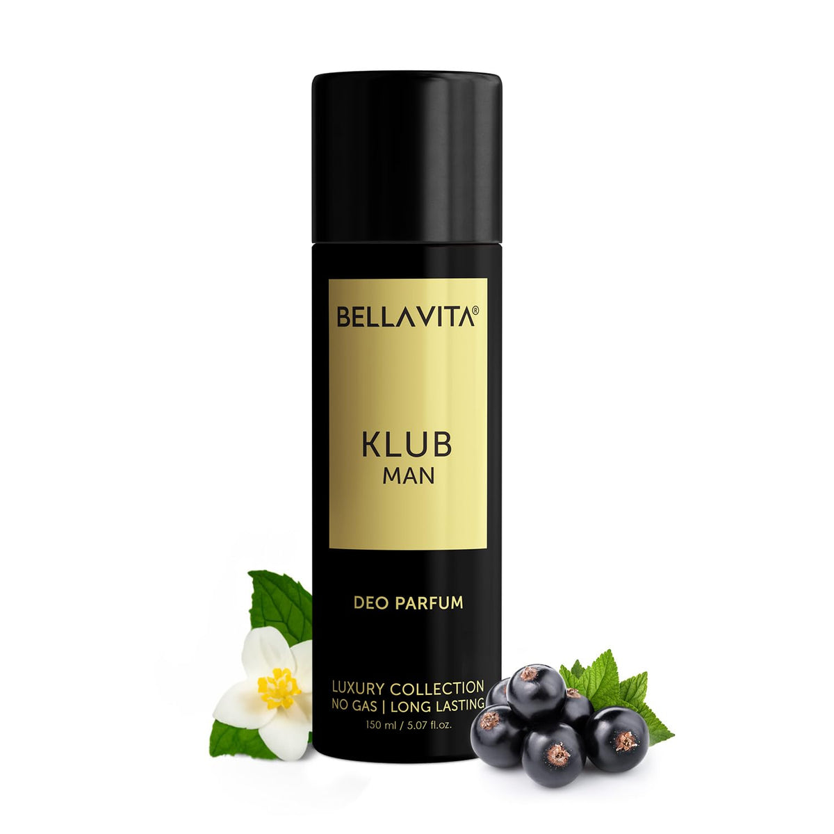 Bellavita Klub Man deodorant spray with black and gold design on a white background