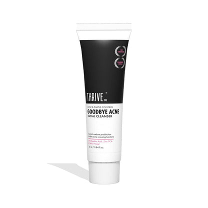 Thrive Goodbye Acne facial cleanser tube on a white background