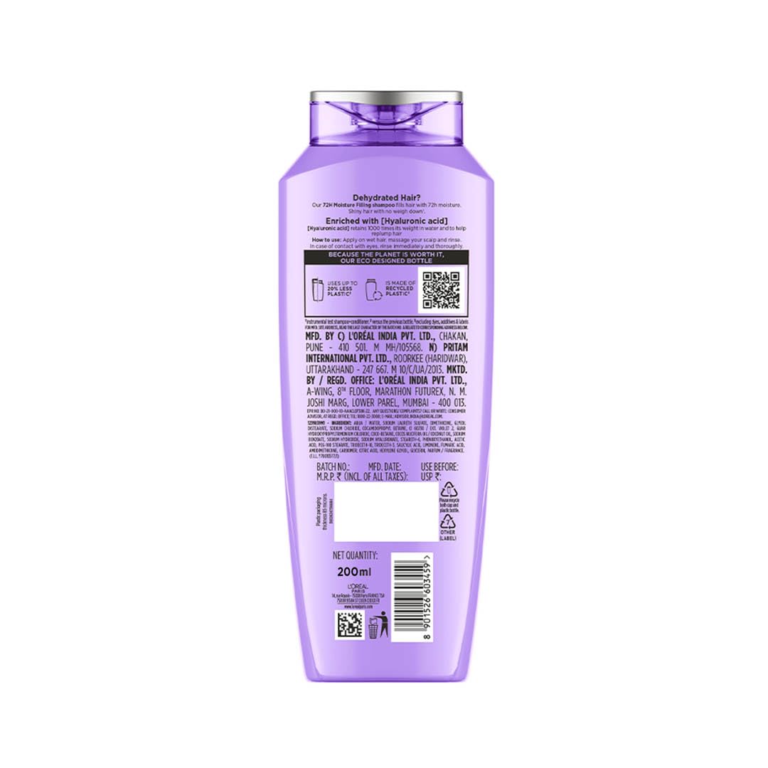L'Oreal Paris Moisture Filling Shampoo, With Hyaluronic Acid, For Dry & Dehydrated Hair, Adds Shine & Bounce, Hyaluron Moisture 72H, 200ML.
