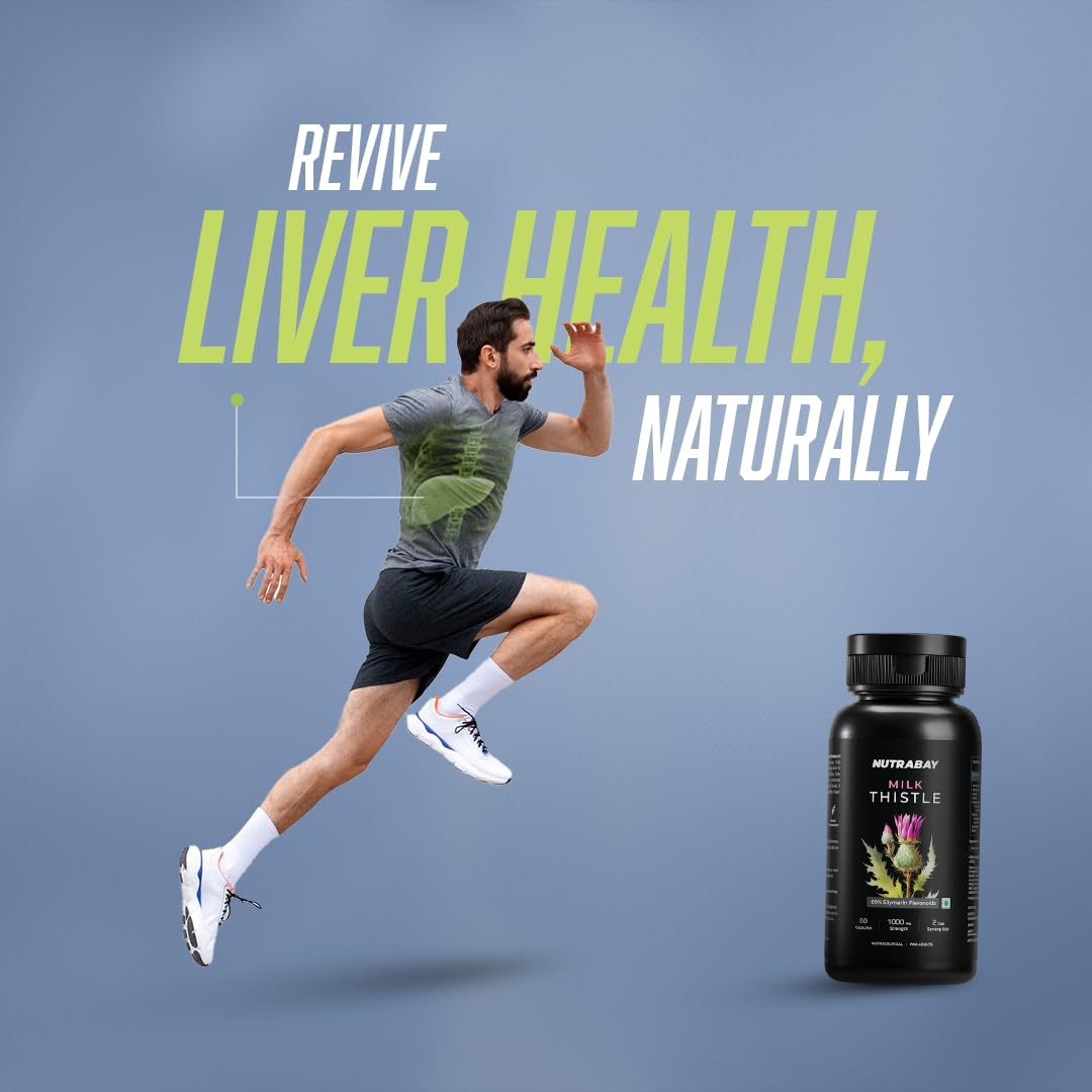 Man running with 'Revive Liver Health, Naturally' text and Nutrabay bottle on a blue background