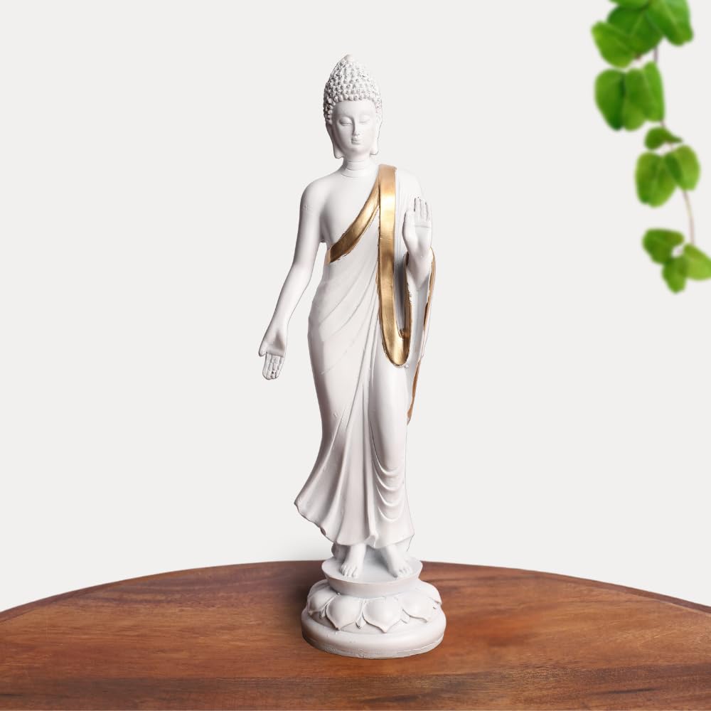 White & Gold Plated Blessing Standing Gautam Buddha Idol Statue | Polyresin Showpiece for Table, Office, Home Decoration Item