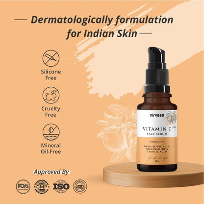 Nirvasa 20% Vitamin C Face Serum (30ml) | With Hyaluronic Acid & Niacinamide | Brightens Skin, Reduces Dark Spots & Pigmentation | UV Protection, Lightweight & Non-Irritating Formula