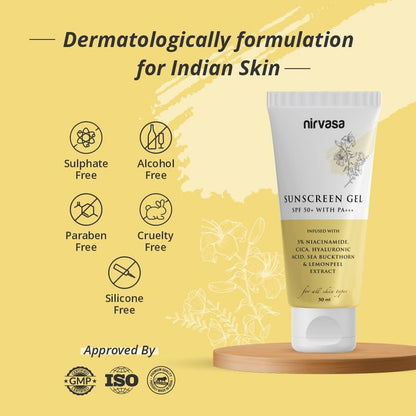Nirvasa SPF50+ Sunscreen Gel (50ml) with 5% Niacinamide | Broad Spectrum UVA/UVB Protection, PA+++ | Lightweight, Non-Greasy, No White Cast | Hydrates, Brightens & Protects Skin | For All Skin