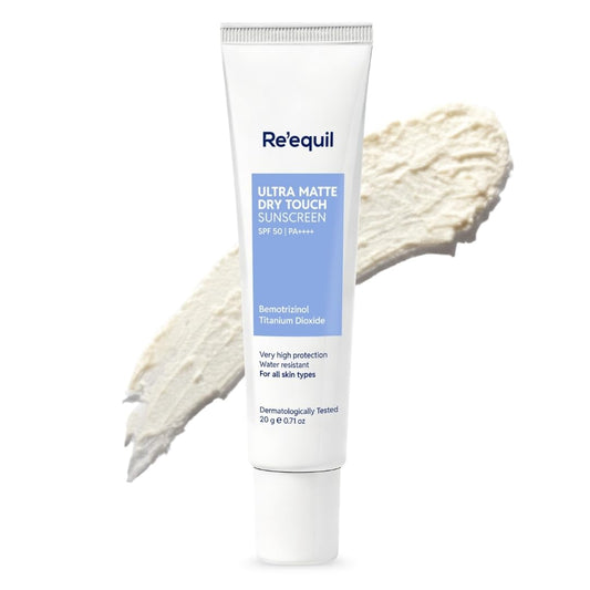 Tube of Re'equil ultra matte dry touch sunscreen with a sample on a white background