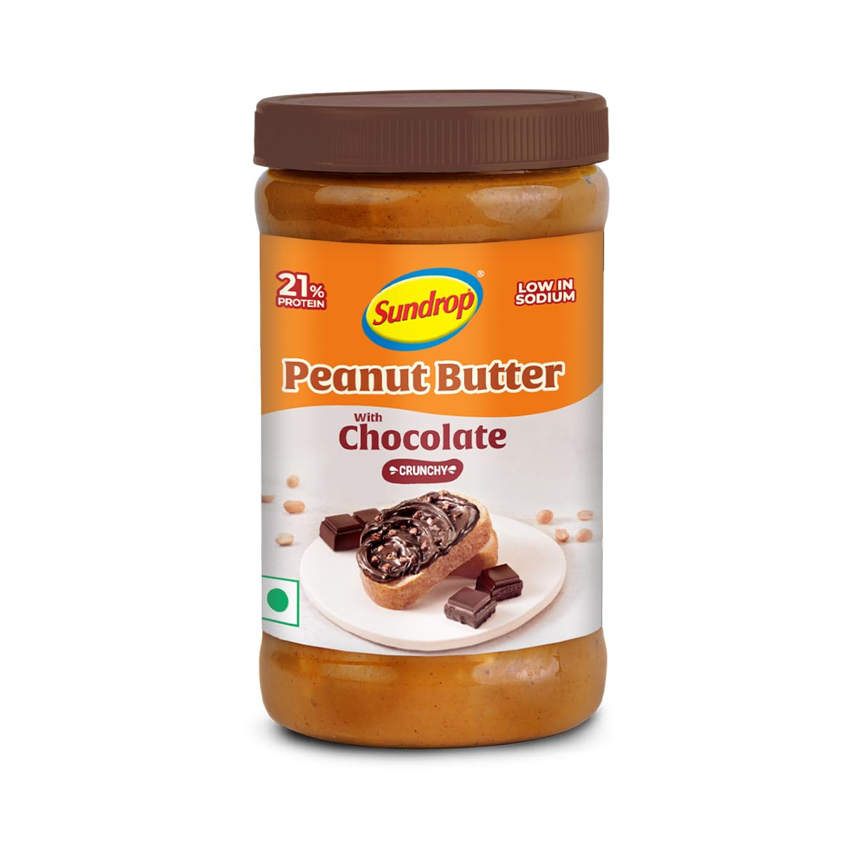 Sundrop Peanut Butter with Chocolate | Crunchy | 500 grams | With 21% Protein | 6.4% Dietary Fibre | Premium Roasted Peanuts | Great Value Per Gram of Protein I Low in Sodium
