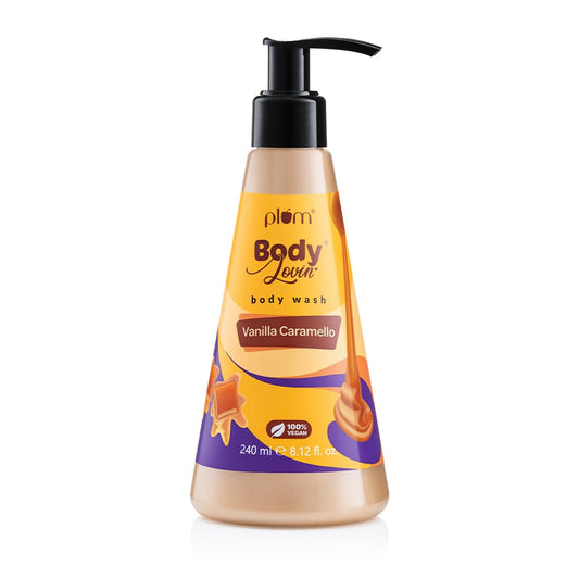 Plum BodyLovin' Vanilla Caramello Body Wash | SLS-Free Creamy Shower Gel For Women | Delicious Caramel Fragrance for Soft & Smooth Skin | Aloe-Infused Nourishing Shower Gel For All Skin Types (240 ml)