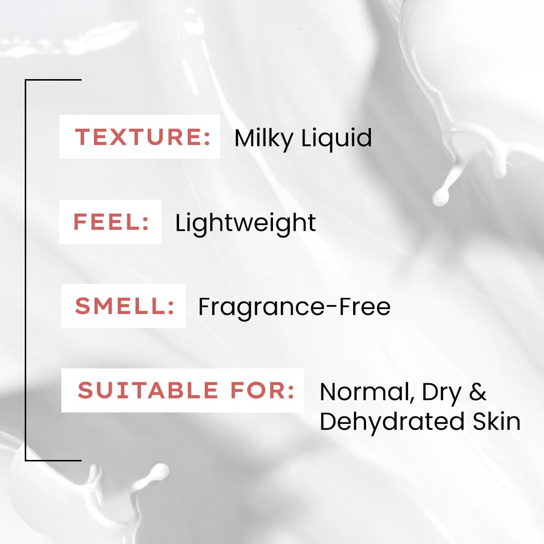 Product description card with texture, feel, smell, and suitability for skin on a white background.
