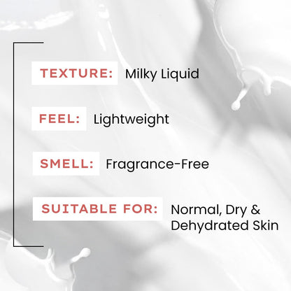 Product description card with texture, feel, smell, and suitability for skin on a white background.