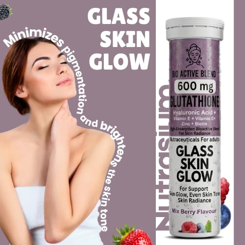 Nutrasium Glutathione Tablets for Skin Glow & Even Skin Tone | 600 mg L-Glutathione Reduced with Hyaluronic Acid, Vitamin C & E, Zinc & Biotin | 15 Effervescent Tablets, Mixed Berry Flavour