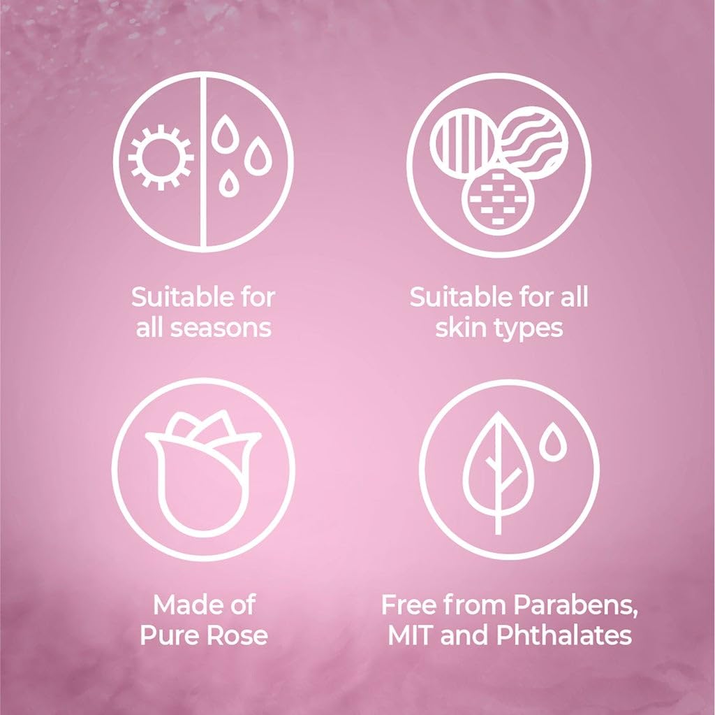 Set of icons and text on a pink background indicating product features.