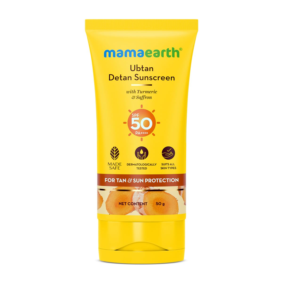 Mamaearth Ubtan Detan Sunscreen With Turmeric & Saffron | SPF 50 & PA++++ for UVA/B Protection | Tan Protection | Brightens Skin | Non-Greasy & Lightweight | No White Cast | For All Skin Types | 50 g