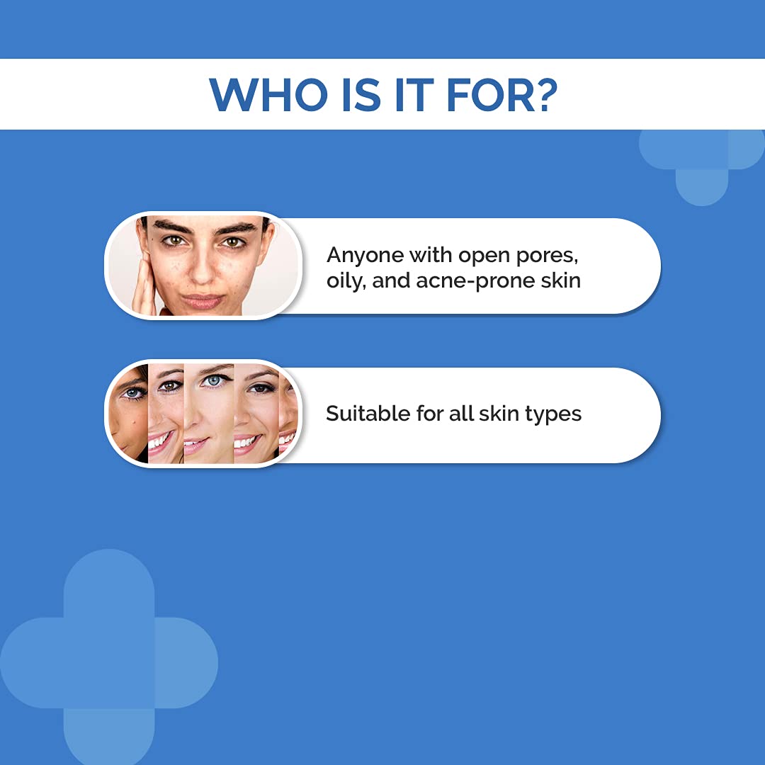 Product advertisement showing suitability for open pores, oily, and acne-prone skin on a blue background.