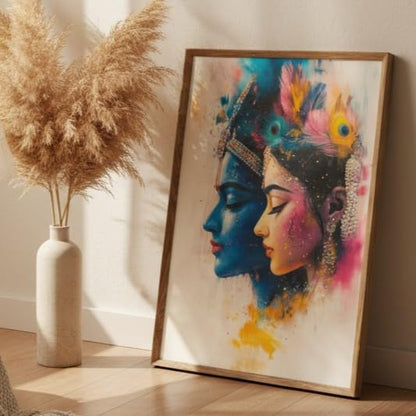 Radha Krishna Modern Art Wall Painting with Wooden Frame | Spiritual Love Artwork HD UV Laminated MDF Wall Decor | Hindu God Radha Krishna Portrait for Living Room Bedroom Decor