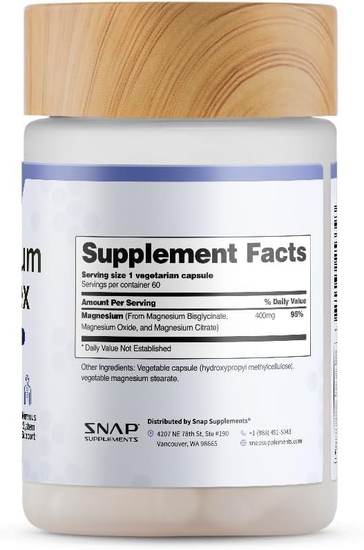 Snap Triple Magnesium Complex for Women & Men for Sleep & Muscle Support – 400mg, 3-in-1 Magnesium Supplement – Bisglycinate, Citrate & Oxide – Chelated for High-Absorption, 60 Vegetarian Capsules