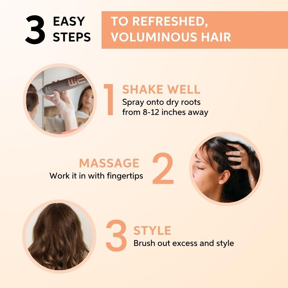 Instructions for refreshing and voluminous hair with a product, showing three steps and images of use.