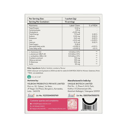 Happy Cultures Bye Bye UTI - Nutritional Supplement with D-Mannose, Cranberry Extract & Probiotics - Fast-Acting Relief & Prevention for UTI - 15 x 2g (Sachets)