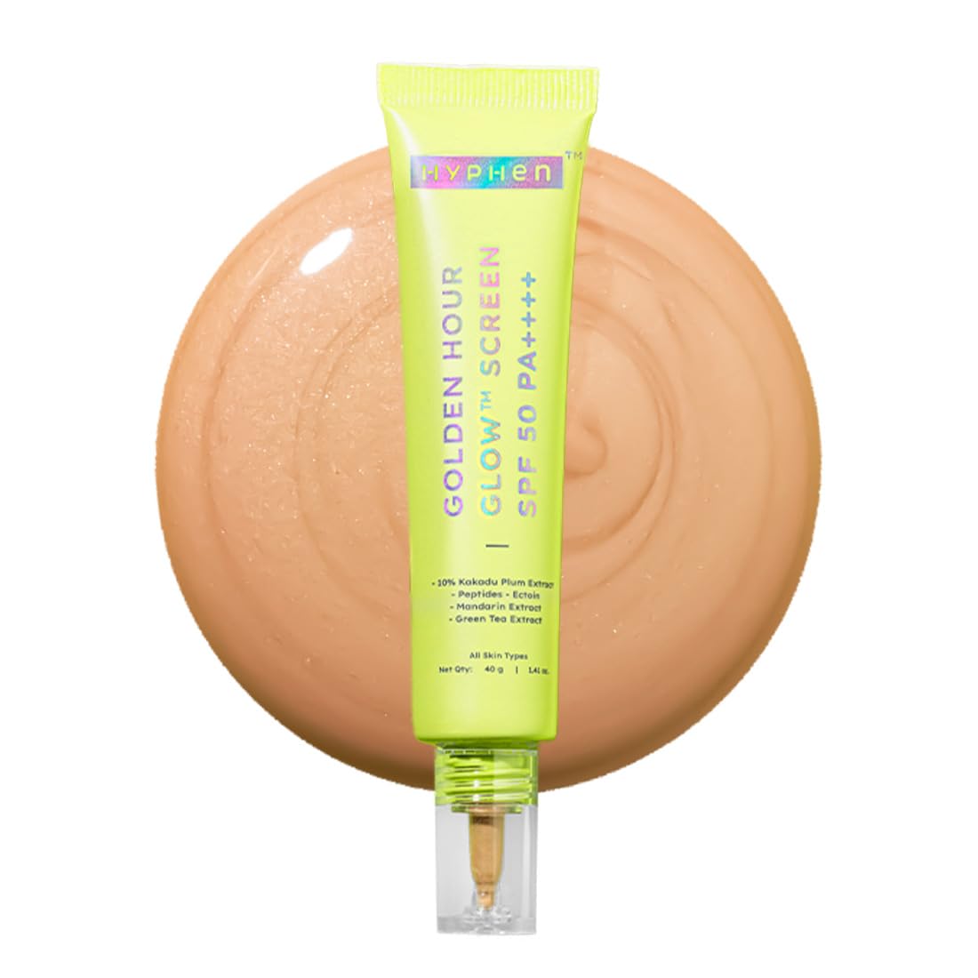 Green tube of K vyphen Golden Hour Glow screen on a beige background