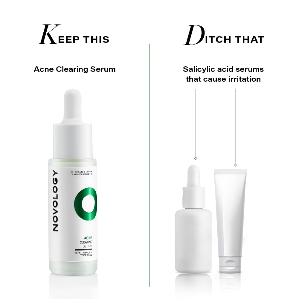 Acne clearing serum with text suggesting to keep it and ditch salicylic acid serums.