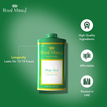 Royal Mirage Pure Oud Talc Powder | Long-Lasting Unisex Fragrance | Oud, Leather & Saffron Notes | Bold & Captivating Luxury Scent | Exotic & Sophisticated Skin Freshness | Gift for Men & Women | 250g
