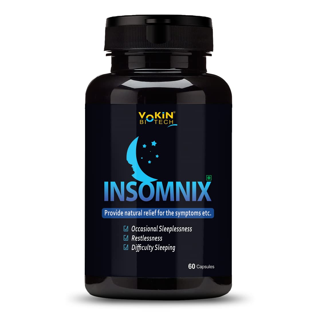 Black bottle of Insomnix with Vokin Biotech branding on a white background