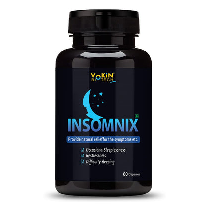 Black bottle of Insomnix with Vokin Biotech branding on a white background
