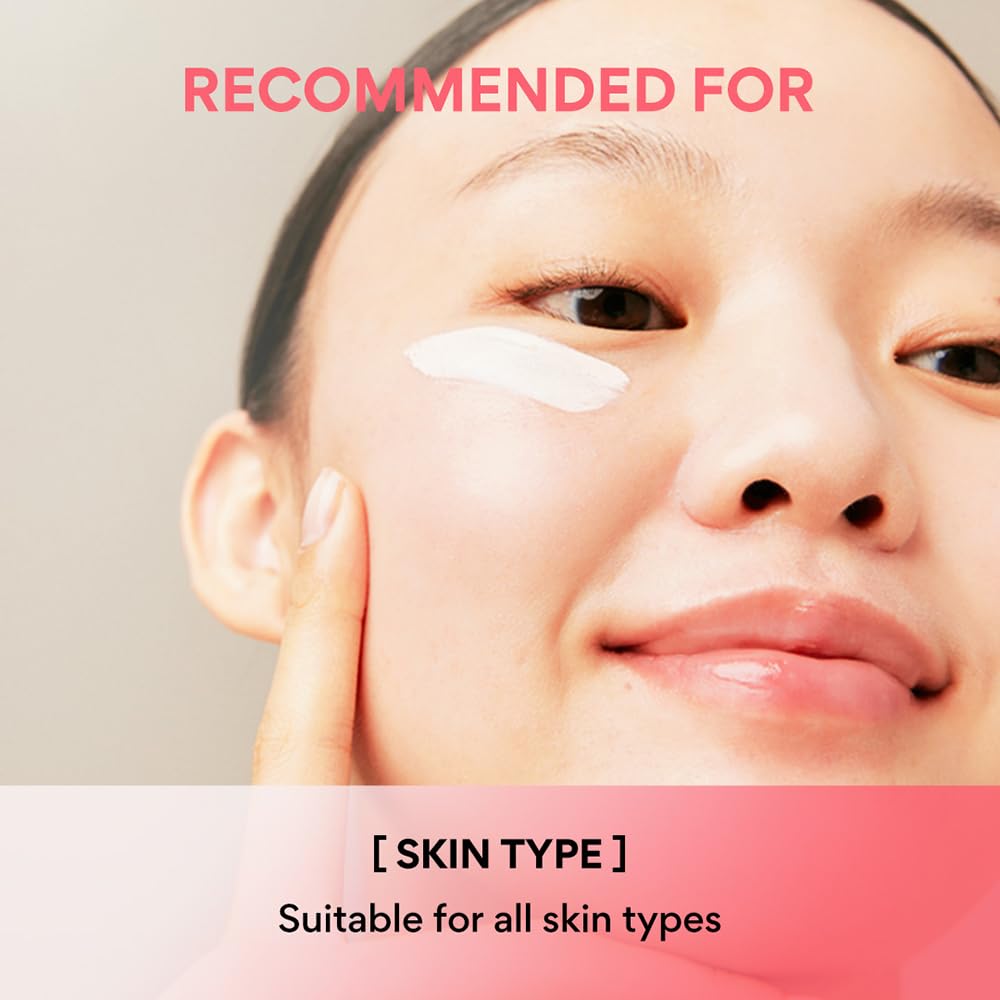 Product recommendation for all skin types with a close-up of a person's face.