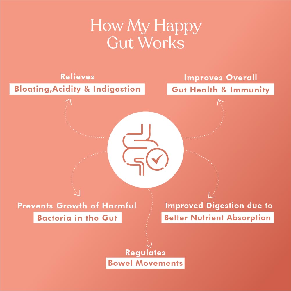 Diagram explaining how 'Happy Gut' works on a pink background
