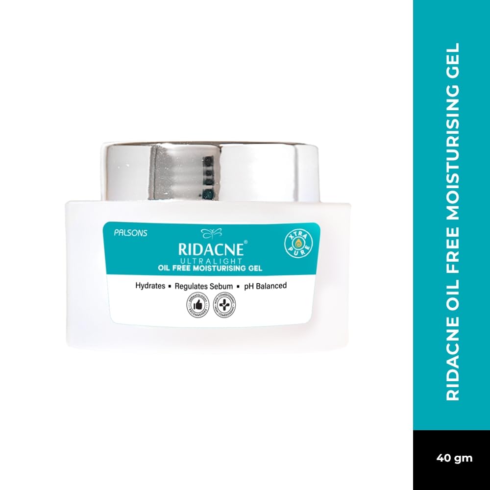 RIDACNE Ultralight Oil Free Moisturising Gel for Oily & Acne-Prone Skin | With Acnacidol BG, Hyaluronic Acid & Green Tea | Lightweight, Non-Comedogenic Moisturiser | 40g