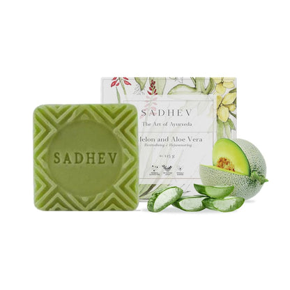 Sadhev Ayurvedic Luxury Soap Bar | Melon & Aloe Vera | Natural Loofah for Exfoliation | Sweet Almond & Wheat Germ Oil | Heals Dry Skin, Imparts Natural Glow | Handcrafted, Vegan, Cruelty Free | 125g