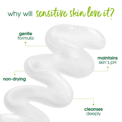 White cream with text explaining benefits for sensitive skin on a white background