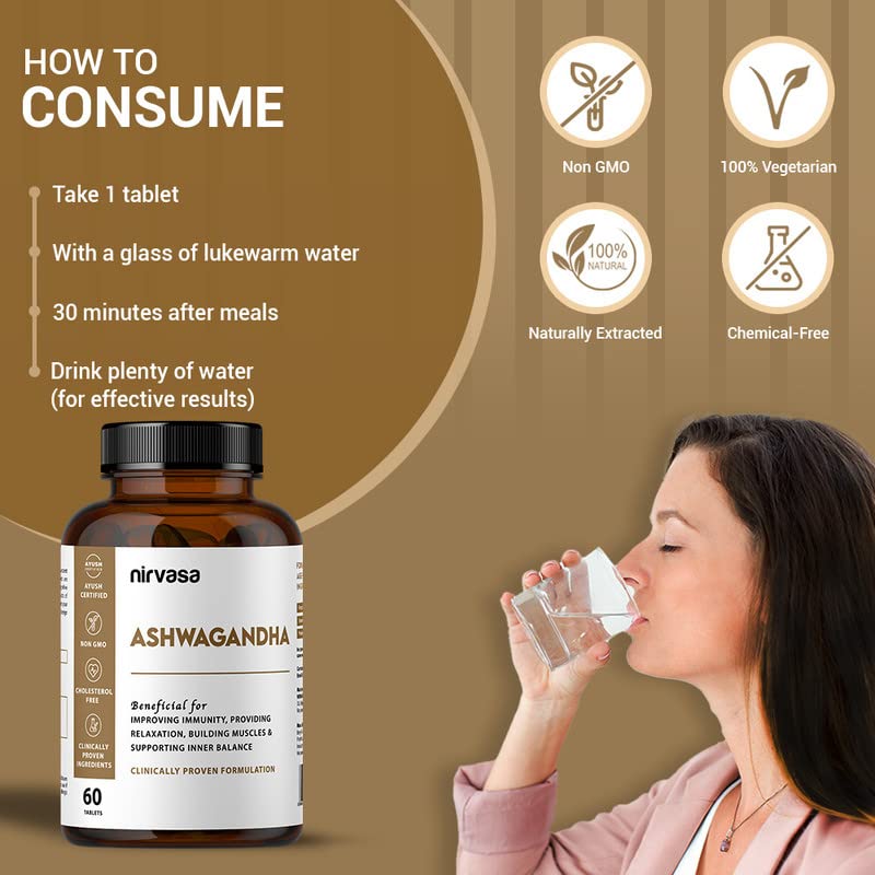 Nirvasa Ashwagandha Tablets (500mg, 60 Tabs) | Natural Ashwagandha Extract | Reduces Stress & Anxiety | Boosts Immunity, Energy & Sleep Quality | Supports Muscle Strength & General Wellness
