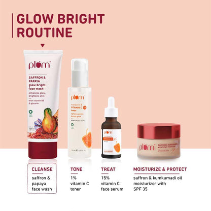 Plum skincare products with 'Glow Bright Routine' on a peach background