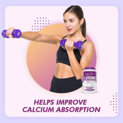 Woman exercising with dumbbells and a bottle of L-Lysine supplement on a gradient background