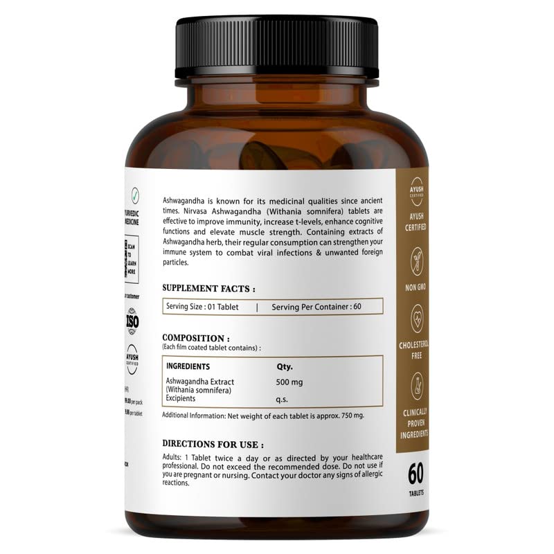 Nirvasa Ashwagandha Tablets (500mg, 60 Tabs) | Natural Ashwagandha Extract | Reduces Stress & Anxiety | Boosts Immunity, Energy & Sleep Quality | Supports Muscle Strength & General Wellness